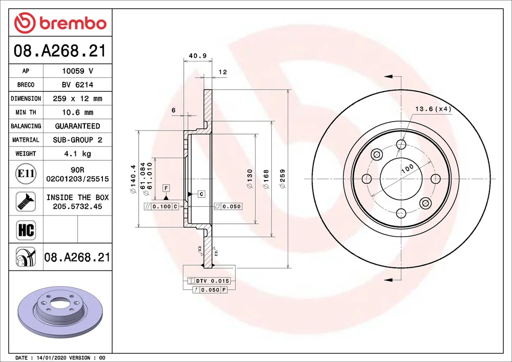 Brzdový kotouč BREMBO 08.A268.21 Brzdový kotouč BREMBO 08.A268.21